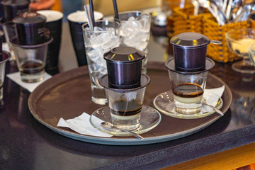 Vietnamese dripping coffee served with condensed milk and ice
