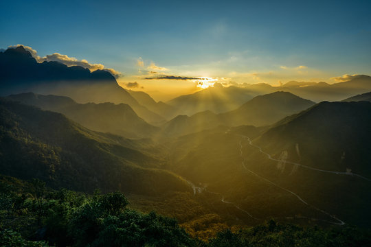 Aerial view of O Quy Ho pass from Sapa, Lao Cai to Lai Chau, Vietnam. O Quy Ho is one of the top 4 pass in Vietnam.
