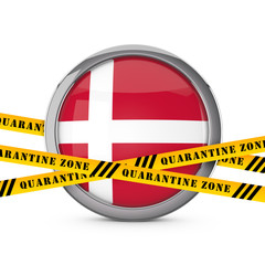 Denmark flag with yellow quarantine warning security tape. 3D Render