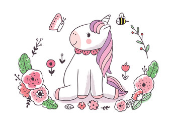 Cartoon cute adorable unicorn and  butterfly vector.