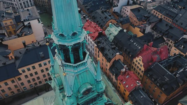 STOCKHOLM, SWEDEN - FEBRUARY, 2020: Aerial view of cathedral in Stockholm old city centre Gamla stan.