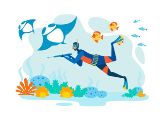 Ocean Spearfishing Cartoon Vector Illustration. Underwater Fisher Wearing Wetsuit, Holding Speargun Flat Character. Snorkeling, Scuba Diving Extreme Hobby. Fishery Industry, Hunting Business