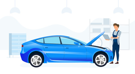Mechanic servicing a blue saloon car with a computer in a modern garage or workshop in a transport concept, vector illustration
