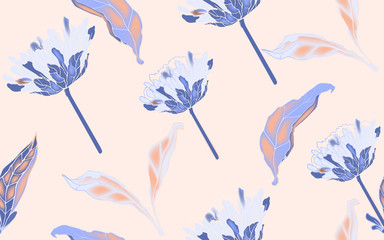 Pink chrysanthemum flowers with leaves and petals on a white background seamless pattern.