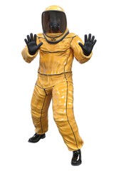 Man in a biohazard suit isolated on white 3d illustration
