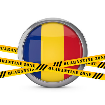 Romania flag with yellow quarantine warning security tape. 3D Render