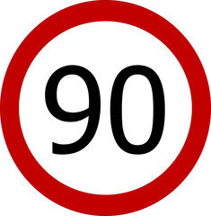 Speed limit 90 kmh or 90 mph sign on white background