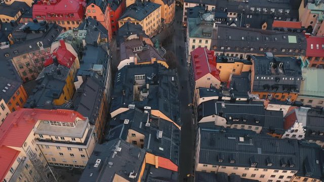 STOCKHOLM, SWEDEN - FEBRUARY, 2020: Aerial view of Stockholm city centre Gamla stan. Flying over buildings in old town.