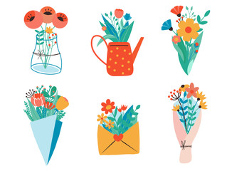 Flower bouquets, kraft paper, envelopes, boxes, ribbons,letter and watering can. Flat design. Paper cut style. Hand drawn trendy vector set. Pastel colors. All elements are isolated
