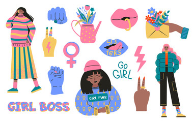 Collection of symbols of feminism and body positivity movement. Set of colorful stickers with feminist and body positive slogans or phrases. Modern vector illustration in flat cartoon style  - obrazy, fototapety, plakaty