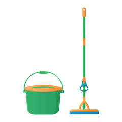 Cartoon sponge mop with hand rubber squeezer with bucket stock vector illustration. Cleaning services, household concept. Equipment for housework elements isolated on white background.