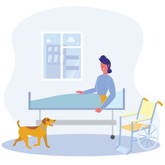 Happy Cartoon Woman Sit on Bed Hospital Ward Wheelchair Vector Illustration. Mobility Assistance, Trained Service Dog. Physically Disabled, Handicapped Person Rehabilitation Treatment