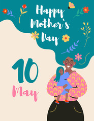 Mother with long hair holds her daughter in her arms and hugs tight. Happy Mother's Day celebration greeting card design decorated with flowers in flat hand drawn style.