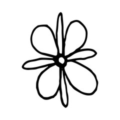 Set of flat flower icons in silhouette isolated and love lettering. Simple retro designs in black and white.