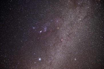 The stars and the milky way in the dark sky at night are very beautiful.