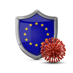 European Union flag shield protection against a virus bacteria. 3D Render