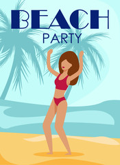 Cartoon Happy Woman Character Wearing Bikini Dancing on Sand. Vector Flat Seascape and Palm Tress Illustration. Open Air Discotheque. Beach Party Lettering Poster. Advertising and Invitation Material