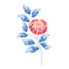 single branch of vintage red peony bud and blue leaf elements for wedding invitation, card, logo, or floral icon