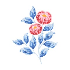 single branch of vintage red peony bud and blue leaf elements for wedding invitation, card, logo, or floral icon