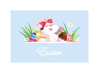 rabbit with easter label and eggs, greeting card