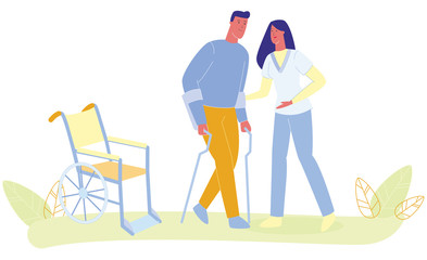 Woman Medical Nurse Assist Man Walking with Cruthes Vector Illustration. Patient Crutch Training. Wheelchair Recovery. Physiotherapy Training. Disabled Rehabilitation. Leg Injury Treatment