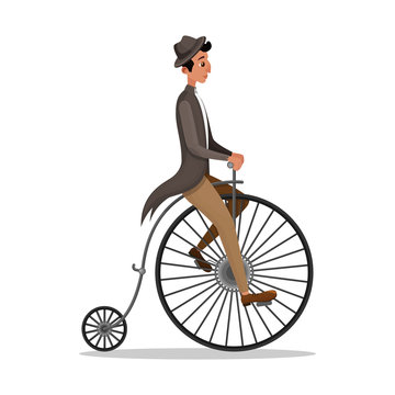 Man Riding Penny Farthing Retro Bicycle Isolated on White Background. Victorian Male Character in Vintage Clothing Hat and Frock Coat, Historical Cinema Actor, Movie, Film Cartoon Vector Illustration