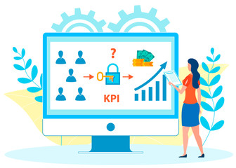 Employees KPI Analysis Flat Vector Illustration. Female HR Expert, Economist, Researcher Studying Workers Key Performance Indicators Cartoon Character. Analyst with Presentation, Report Data