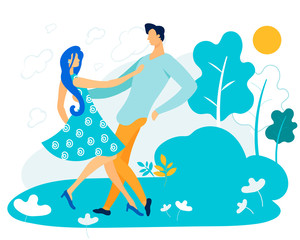 Advertising Flyer Dancing in Park Couple in Love. Communication is an Essential Condition for Happy Marriage. Guy with Girl in Park Dancing and Hugging Cartoon. Vector Illustration.