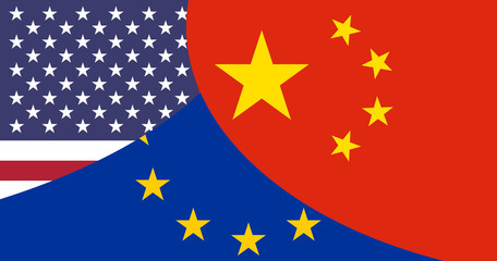 combined flags of Europe China and USA background 3d-illustration
