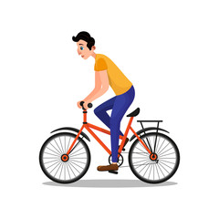 Fototapeta na wymiar Caucasian Man Actor Rushing on Bike Flat Cartoon Character. Handsome Guy Riding Bicycle Isolated on White. Movie Production. Film Announcement. Vector Flat Positive Cinema Hero Illustration
