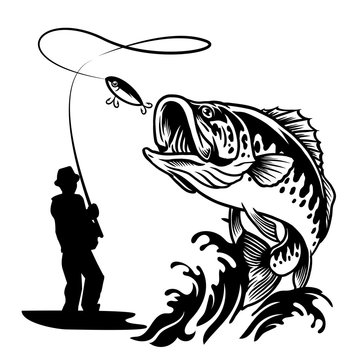 fisherman catching the big bass fish in black and white style