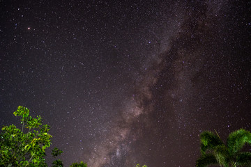 The stars and the milky way in the dark sky at night are very beautiful.