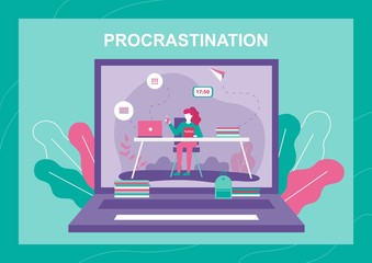 Banner with Procrastinating Woman on Laptop Screen. Female Worker Cartoon Character Reading Fashion Magazine and Having Coffee Break instead Office Work. Vector Illustration with Flat Foliage