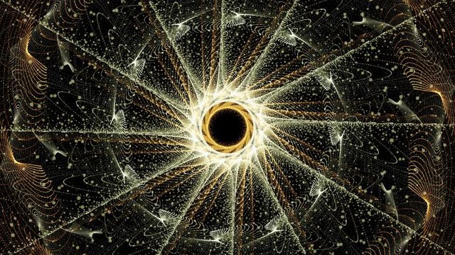 Slowly evolving kaleidoscopic concentric patters on black background