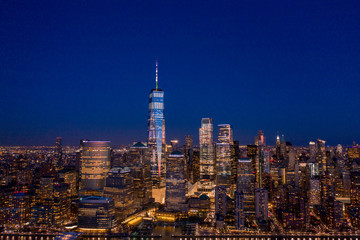 Fototapeta na wymiar New York City skyline with WTC in sunset, aerial photography 