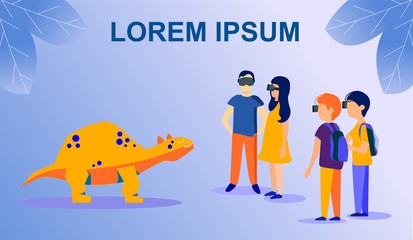 Flat Poster with Cartoon Kids Wearing VR Glasses Playing with Dinosaur Stegosaurus Simulator. Prehistoric Time Paleontology Museum for Children. Virtual Augmented Reality. Vector Illustration