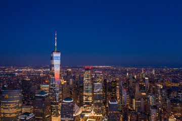 Fototapeta na wymiar New York City skyline with WTC in sunset, aerial photography 