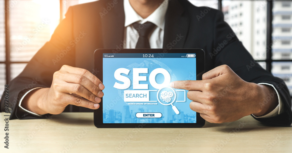Poster seo - search engine optimization for online marketing concept. modern graphic interface showing symb