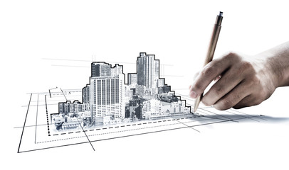 City civil planning and real estate development - Architect people looking at abstract city sketch...