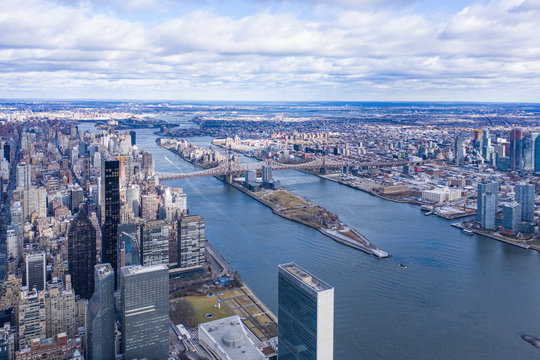 New York City Midtown with Roosevelt Island in daytime, aerial photography 