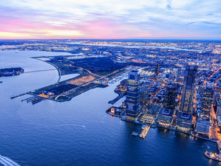 Jersey City Skyline with Hudson River in twilight, aerial photography 