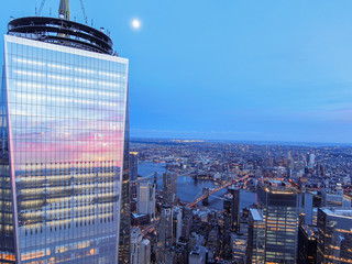 New York City Skyline with WTC in sunset, aerial photography 