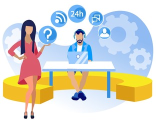 Bright Poster Call Center Setup Cartoon Flat. Willingness to Work on Shift Schedule. Guy is Sitting at Table with Laptop in Headphones, Girl is Standing Next to him. Vector Illustration.