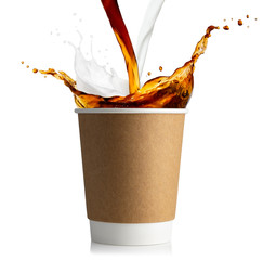 disposable cup with coffee and milk splashes