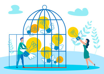 Flight of Fancy Metaphor Flat Vector Illustration. Creative People Holding Winged Lightbulbs in Birdcage Cartoon Characters. Inspiration Source Symbol. Innovative, Unconventional Thinking Concept