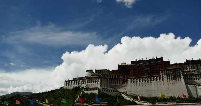 4k Potala in Lhasa-Tibet-white puffy cloud mass in the blue sky.