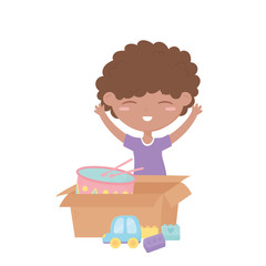 Obraz na płótnie Canvas kids zone, cute little boy with car and box with drum blocks toys