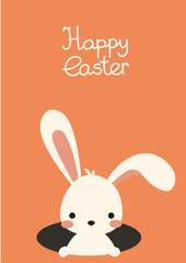 Cute kawaii cartoon flat vector easter white bunny, rabbit in hole, burrow. Postcard template