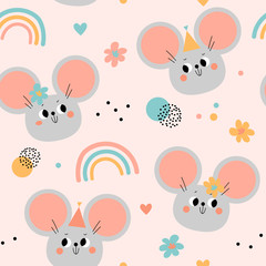 Seamless pattern with cute mouses. Pink background with rainbows, flowers, dots, hearts in pastel colors. Vector hand drawn illustration. For kids, baby shower, gift wrapping paper, fabric.