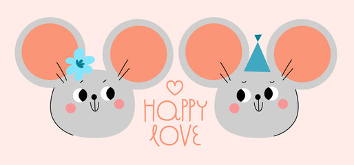 Valentine card with cute romantic mouses. Happy love text. A happy couple. Decor elements, print for cards, t-shirts, other clothes isolated vector objects.